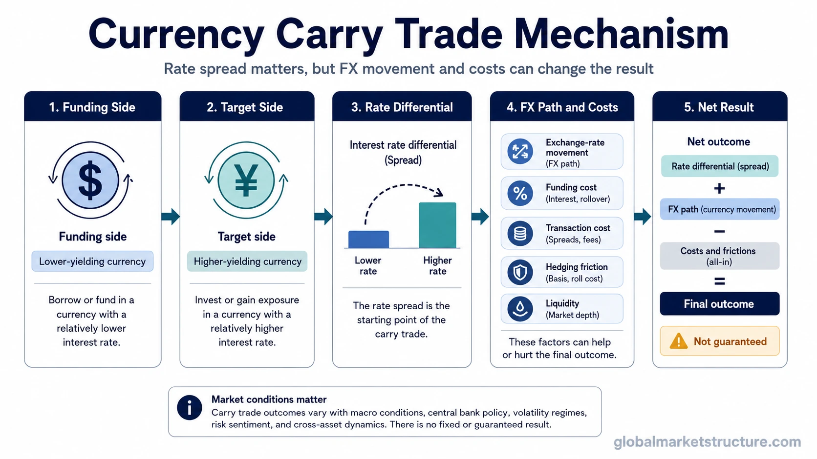 Currency carry trade mechanism showing funding currency, target currency, rate differential, FX path, costs, and net outcome.