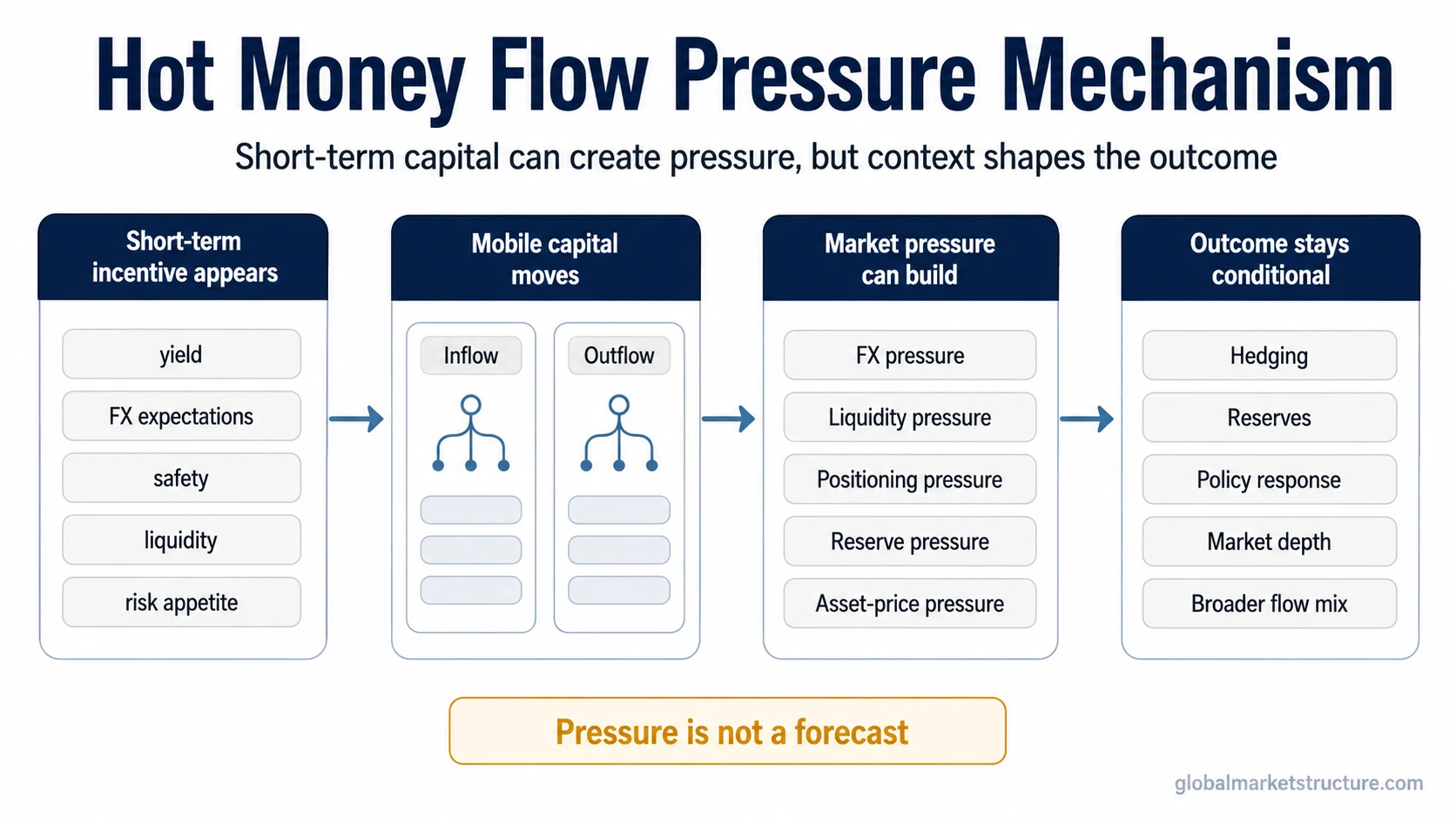 Diagram showing how hot money flows move from short-term incentives to capital movement, market pressure, and conditional offsets.