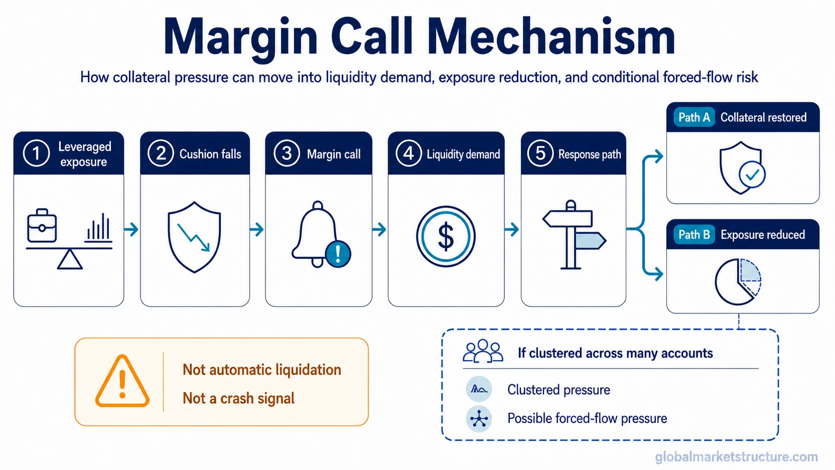 Margin call mechanism showing collateral shortfall, liquidity demand, exposure reduction, and conditional forced-flow pressure