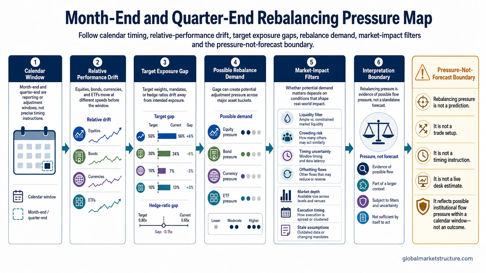 Process map showing how month-end rebalancing pressure can form from relative-performance drift, target exposure gaps, rebalance demand, liquidity filters, and offsetting flows.