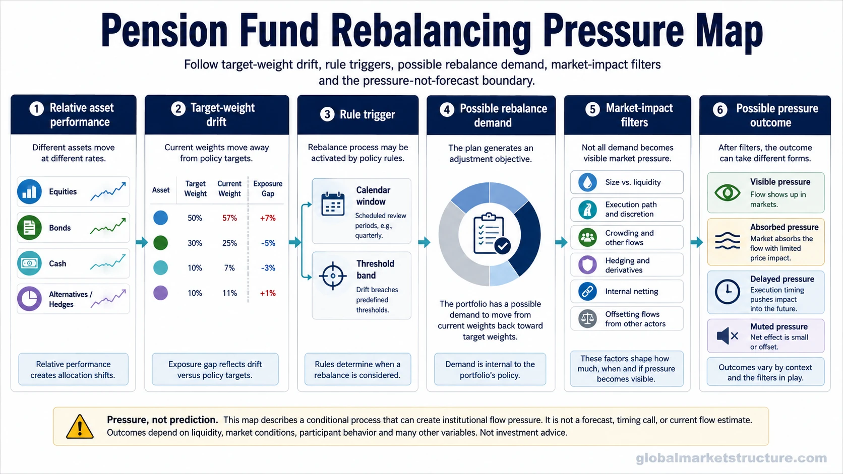 Pension fund rebalancing pressure map showing target-weight drift, rule triggers, market-impact filters, and possible pressure outcomes.