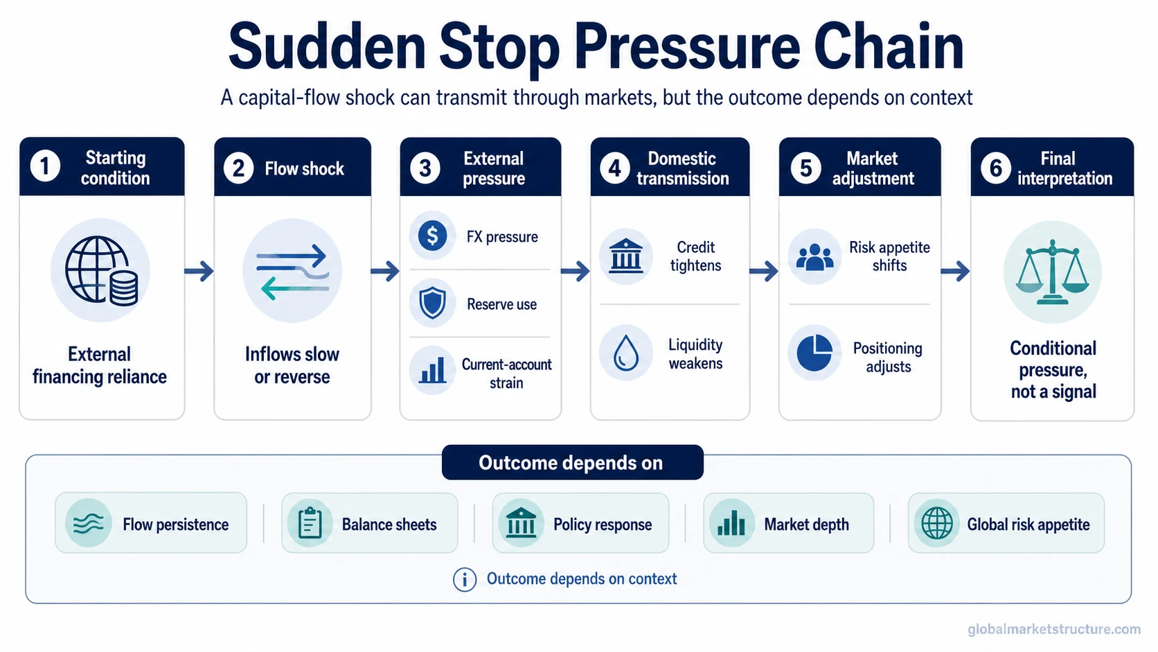 Sudden stop pressure chain from external financing reliance to FX, reserves, credit, liquidity, and risk appetite