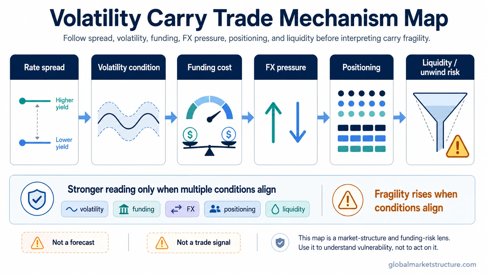 Volatility carry trade mechanism map showing rate spread, volatility condition, funding cost, FX pressure, positioning, and liquidity risk.