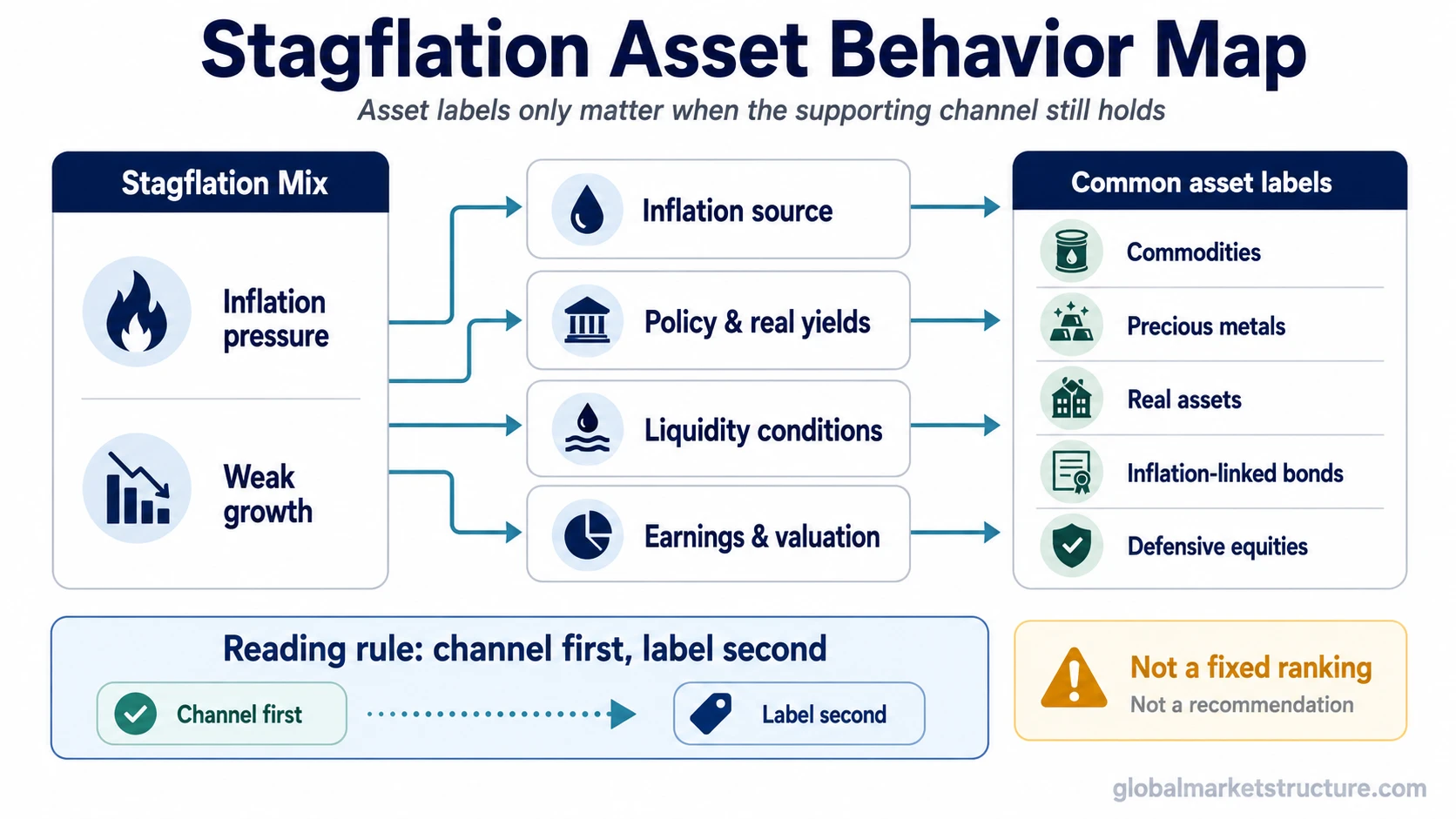 Stagflation asset behavior map linking inflation source, policy, real yields, liquidity, earnings, valuation, and common asset categories.