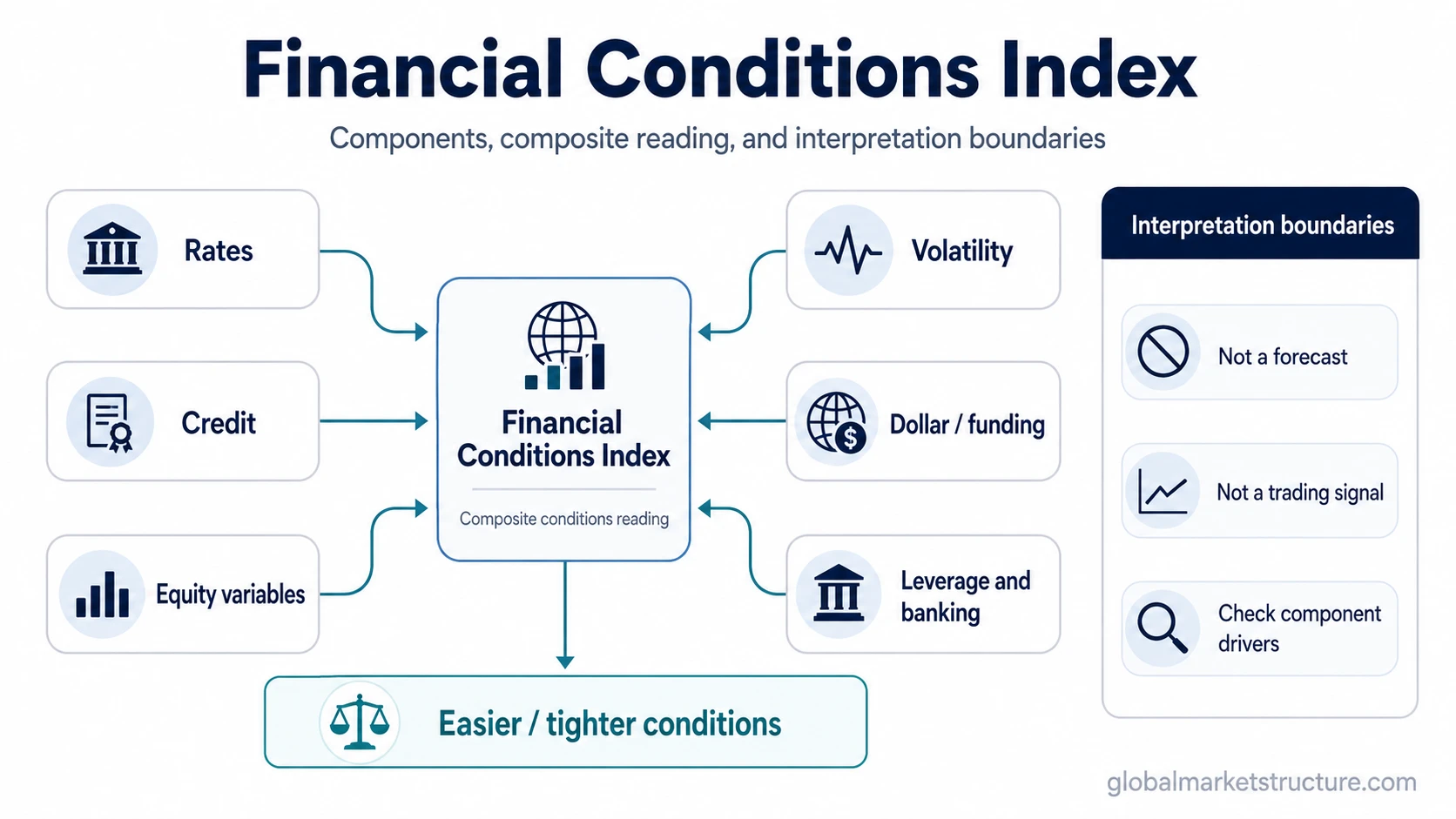 Financial conditions index component map showing rates, credit, equity variables, volatility, dollar funding, leverage, and banking channels feeding into an easier or tighter conditions reading.