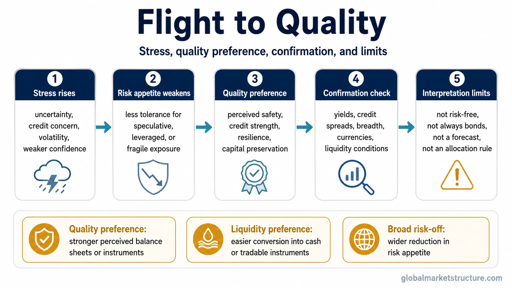 Flight to quality framework showing market stress, weaker risk appetite, quality preference, confirmation checks, and interpretation limits.