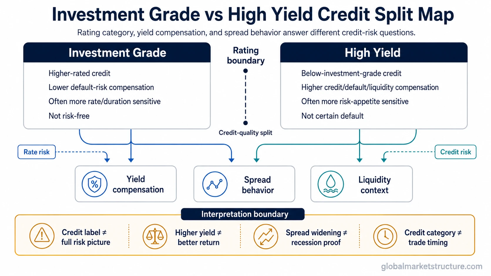Investment grade vs high yield credit split map comparing rating category, yield compensation, spread behavior, and interpretation limits.