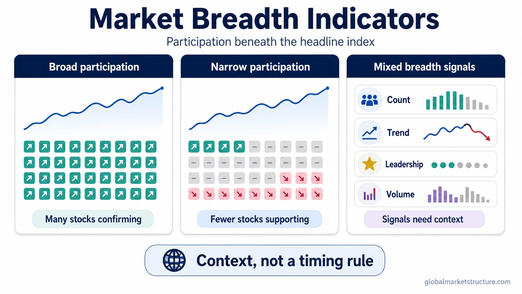 Conceptual infographic showing market breadth indicators comparing headline index movement with broad, narrow, and mixed participation beneath the surface.