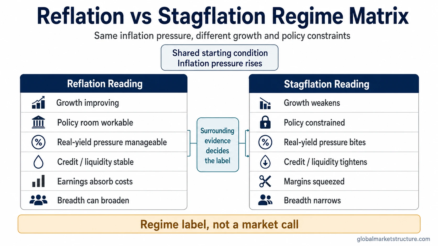 Reflation vs stagflation comparison matrix with inflation pressure separated by growth, policy, credit, liquidity, earnings, and breadth.
