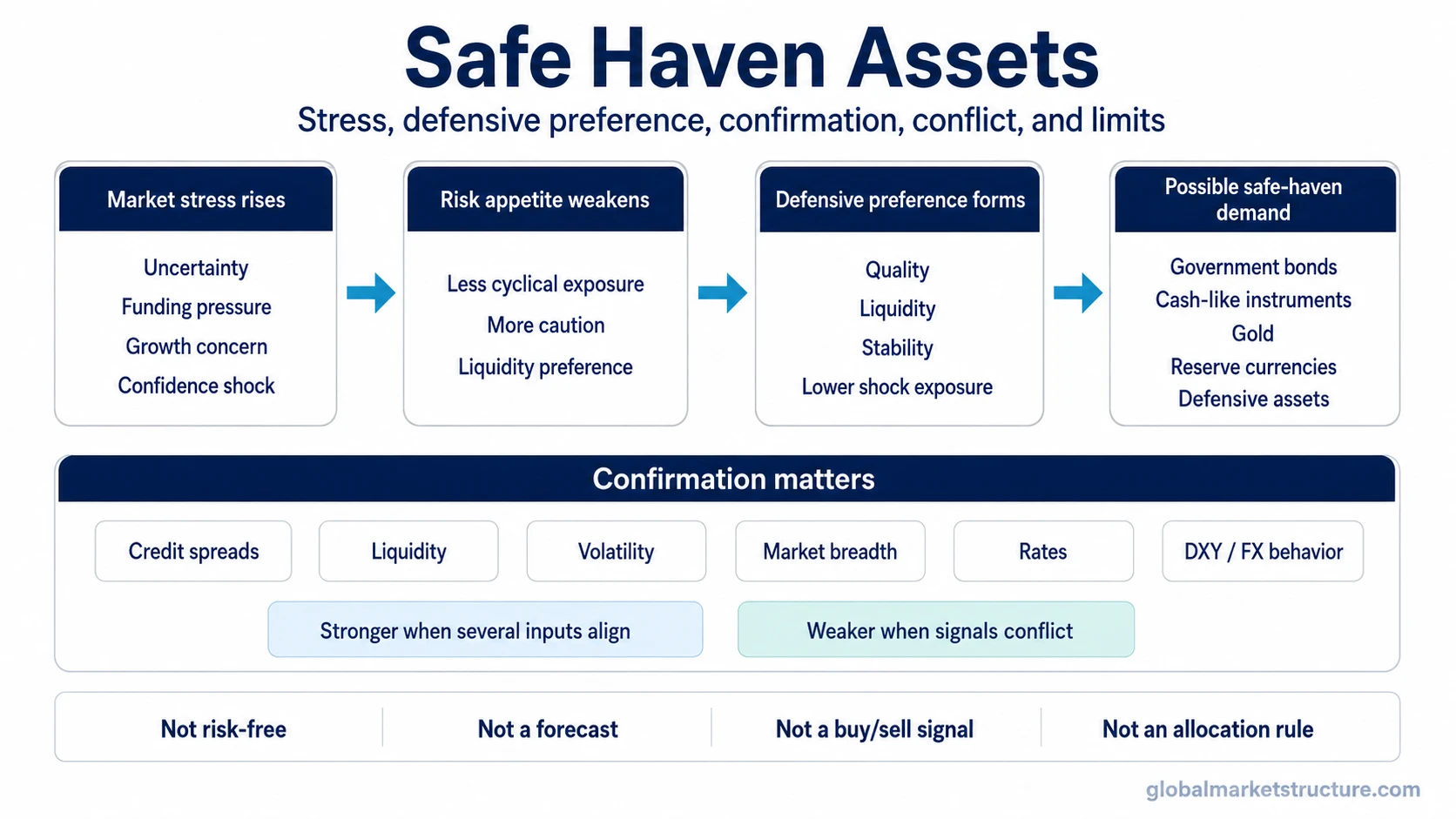Safe haven assets framework showing market stress, weaker risk appetite, defensive preference, confirmation inputs, and key limitations.